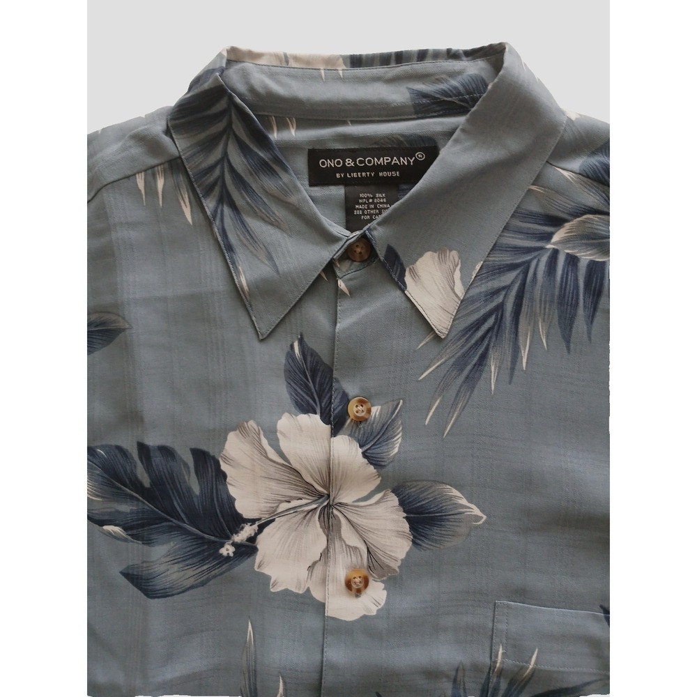 Ono & Co. by Liberty House 100% Silk Blue Gray Floral Hawaiian Shirt Size XL